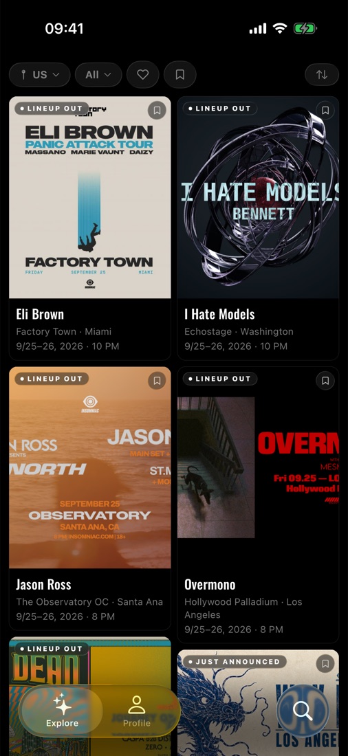 RaveHop's Explore screen: a grid of upcoming shows with their posters, venues and dates